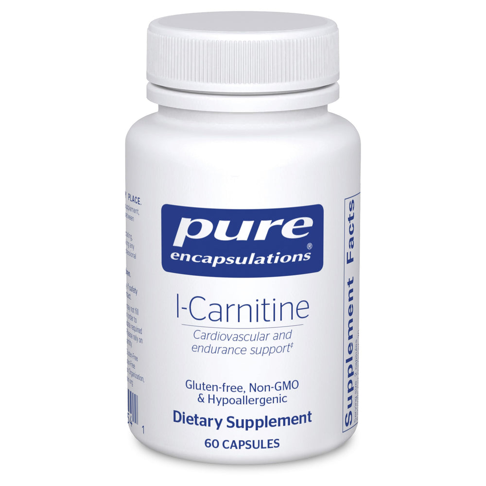Pure Encapsulations L-Carnitine bottle with label supports energy metabolism.
