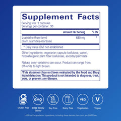 Pure Encapsulations L-Carnitine capsules closeup highlights daily supplementation benefits.