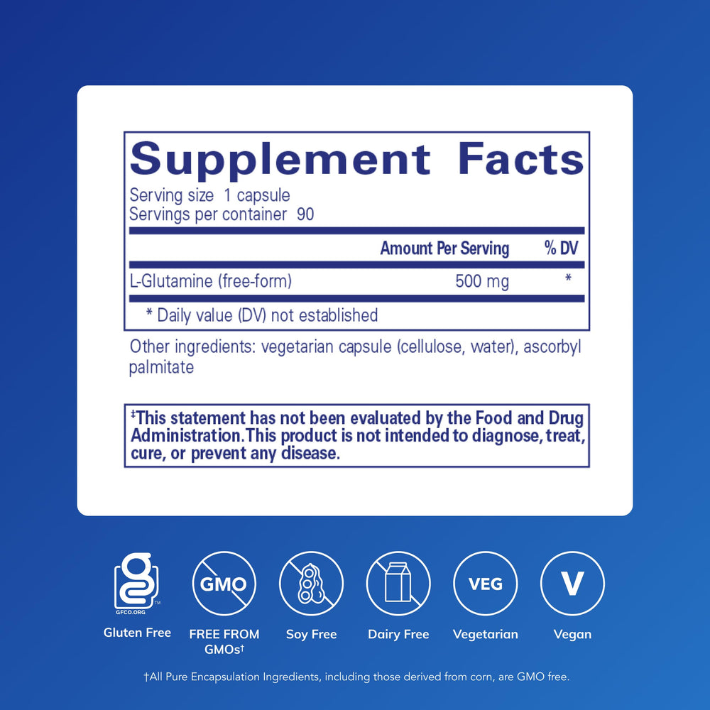 Pure Encapsulations L-Glutamine label close-up highlighting gut health support.
