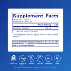 Pure Encapsulations L-Glutamine label close-up highlighting gut health support.