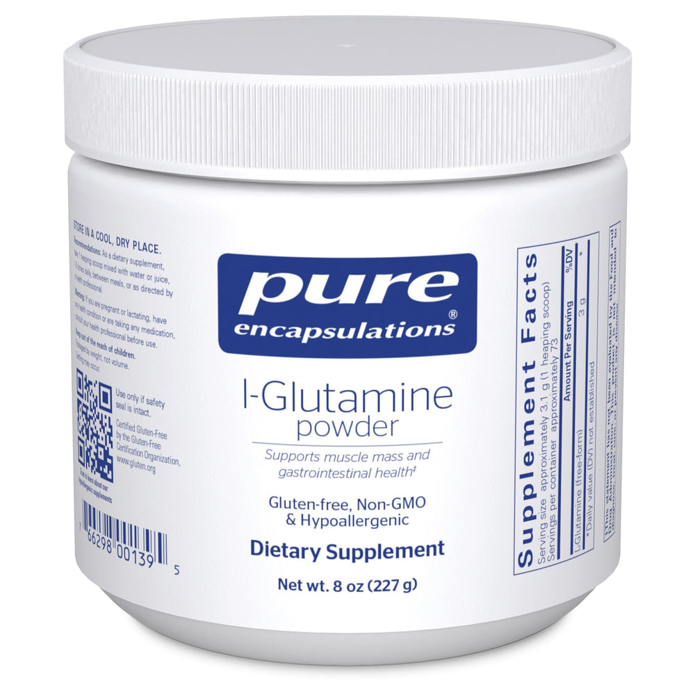 Pure Encapsulations L-Glutamine powder bottle supports gut and muscle health daily.
