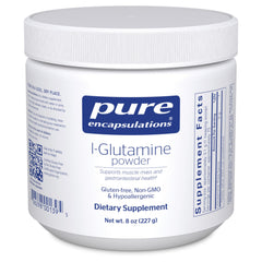 Pure Encapsulations L-Glutamine powder bottle supports gut and muscle health daily.
