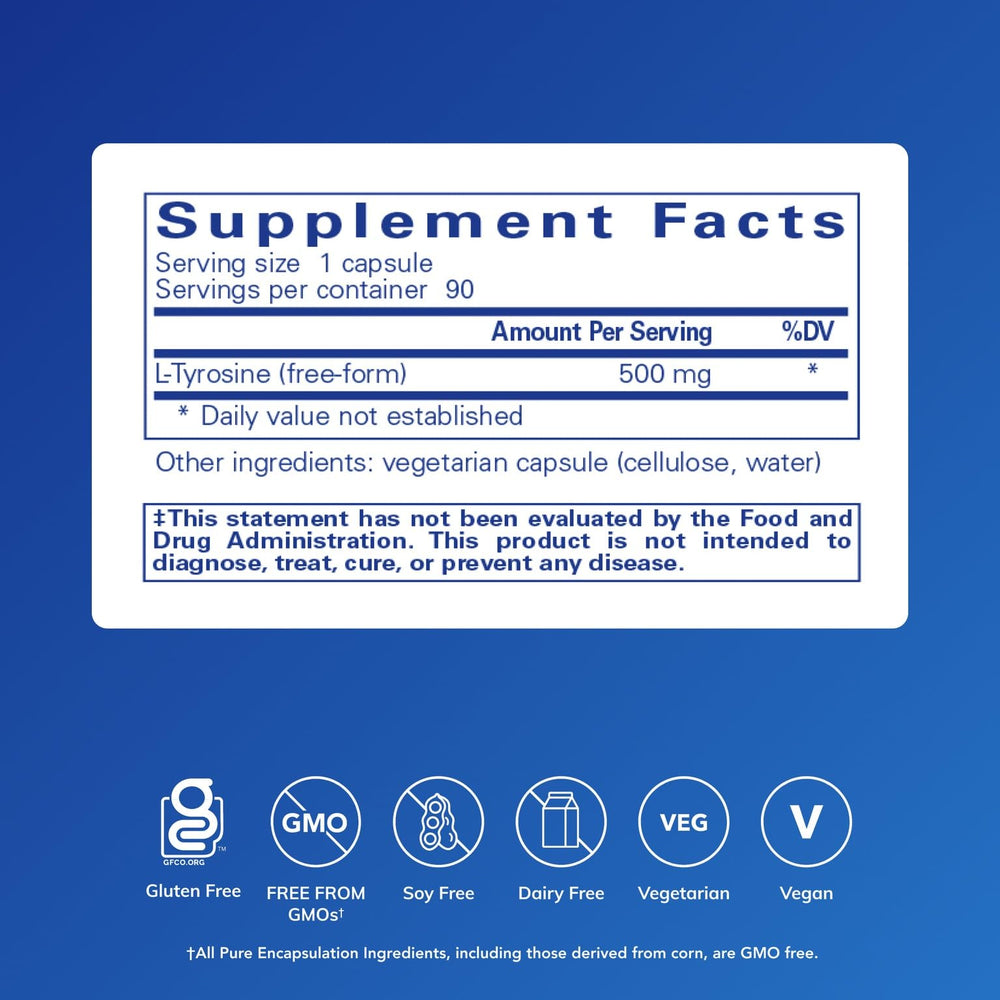 Pure Encapsulations L-Tyrosine capsules close-up showing 500 mg dosage.