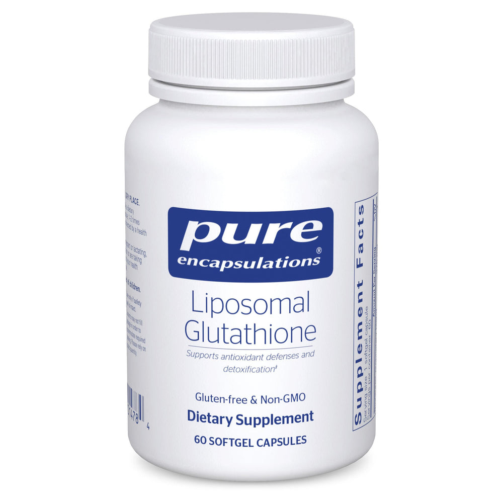 Pure Encapsulations Liposomal Glutathione bottle signaling premium antioxidant support.