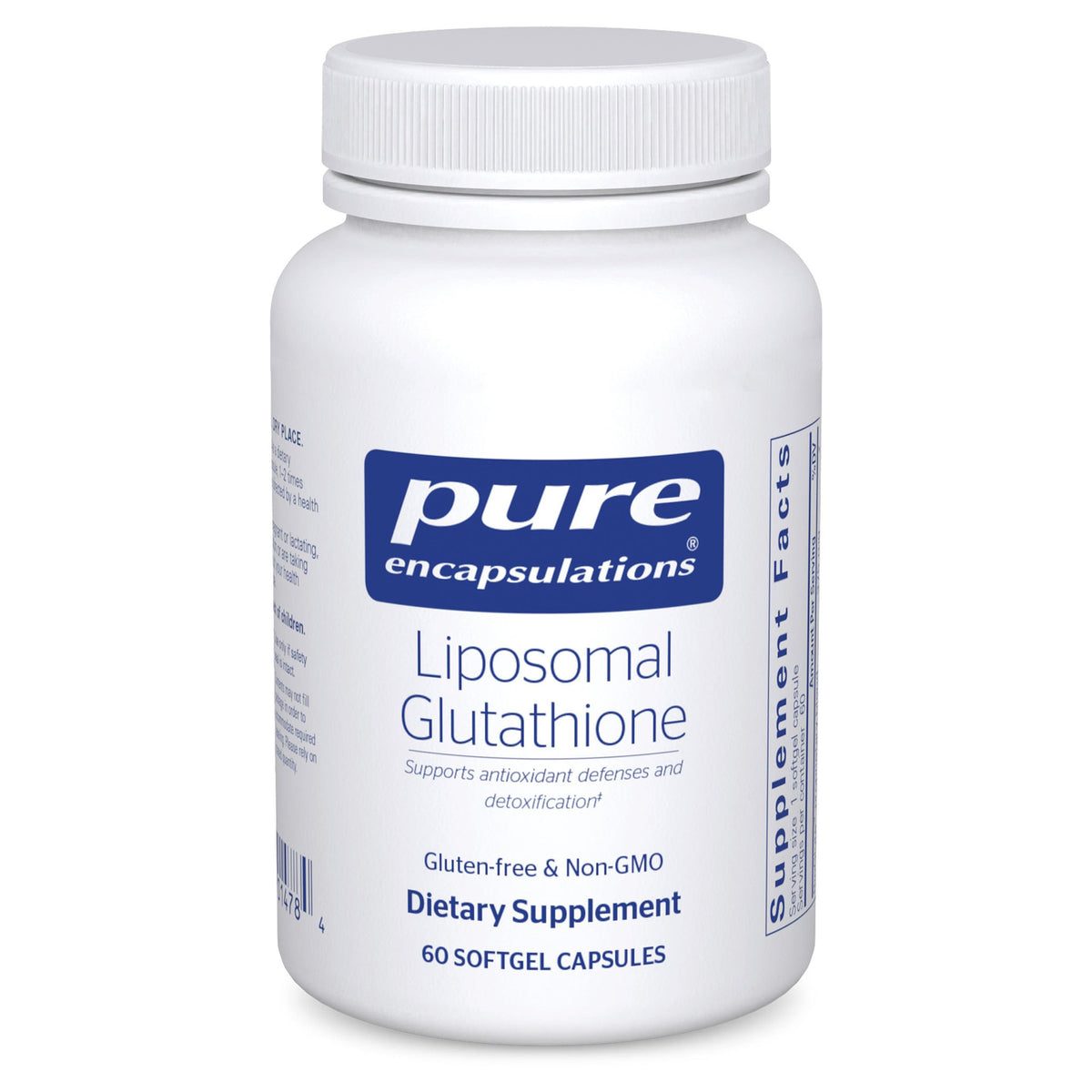 Pure Encapsulations Liposomal Glutathione bottle signaling premium antioxidant support.