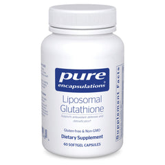 Pure Encapsulations Liposomal Glutathione bottle signaling premium antioxidant support.