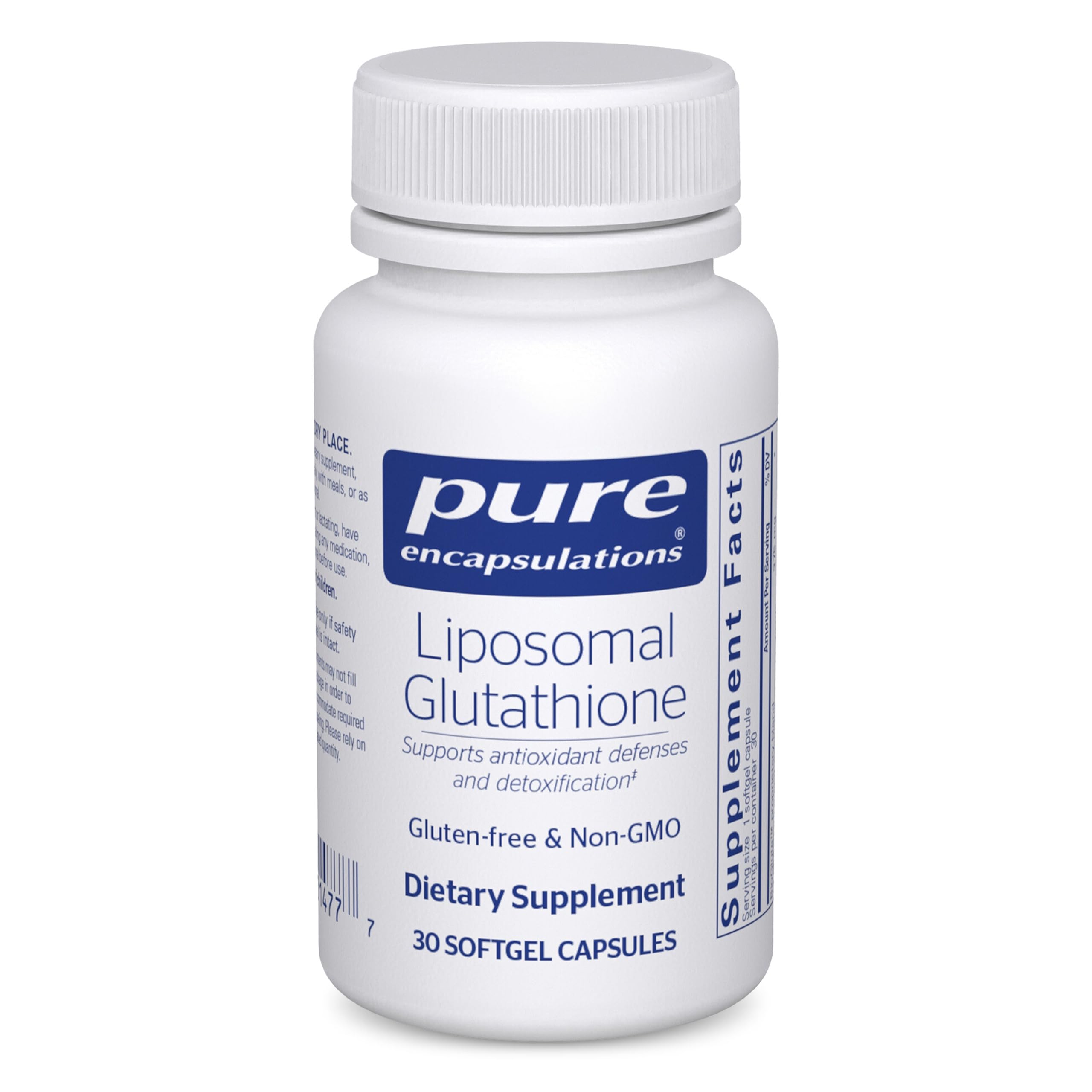 Pure Encapsulations liposomal glutathione bottle with softgels for immune and liver support.