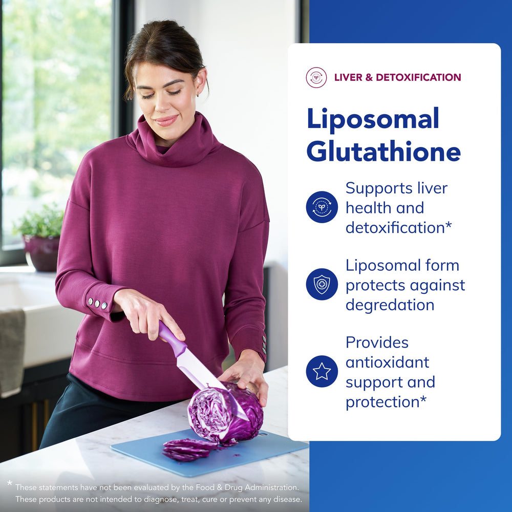 Packaging of Pure Encapsulations Liposomal Glutathione emphasizes a clean, non-GMO formula.