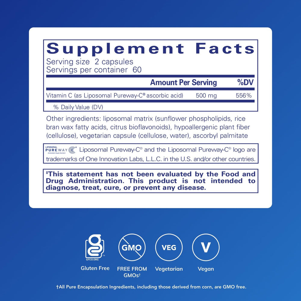 Liposomal Vitamin C capsules from Pure Encapsulations, easy-to-swallow daily vitamin.