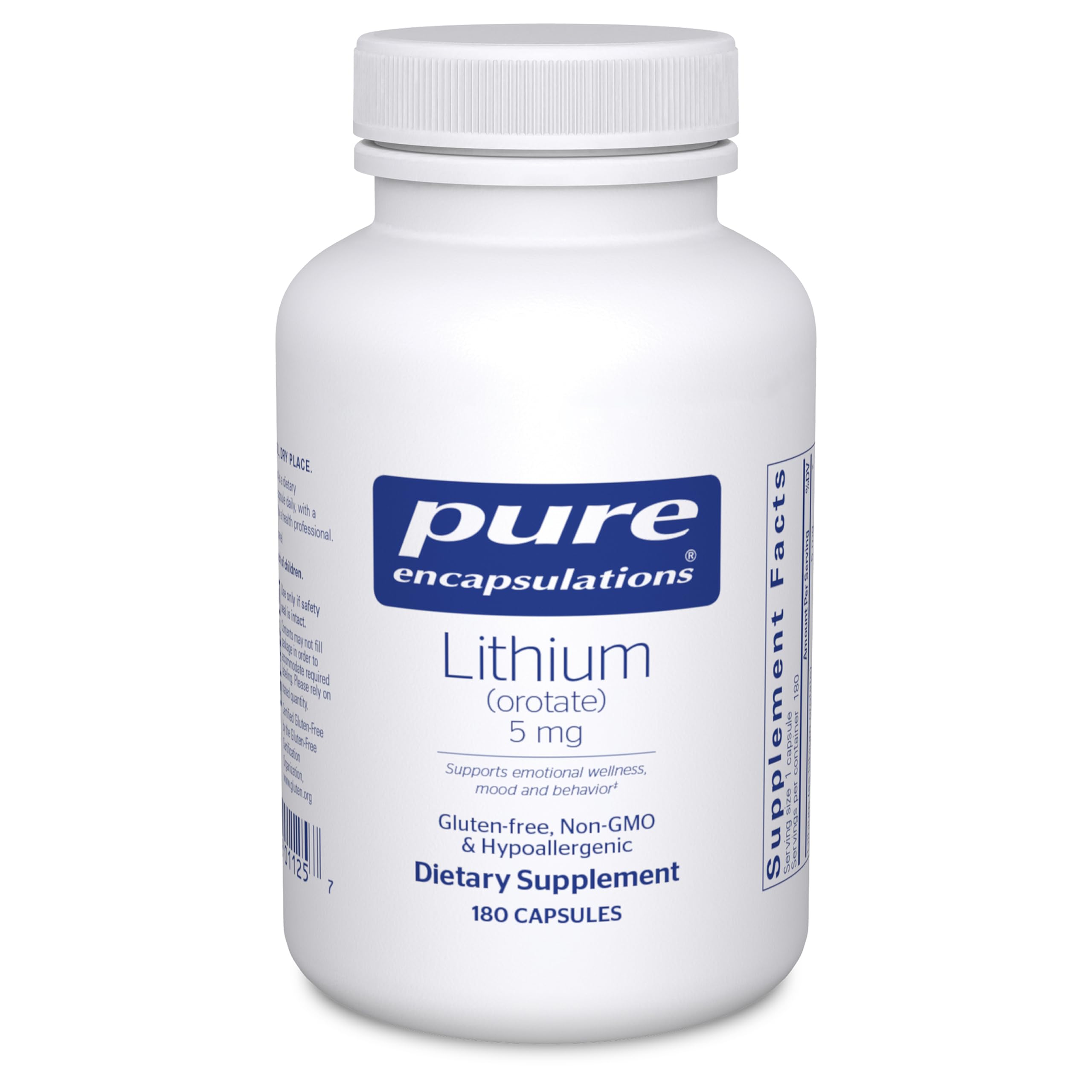 Pure Encapsulations Lithium Orotate 5 mg bottle for daily brain support.