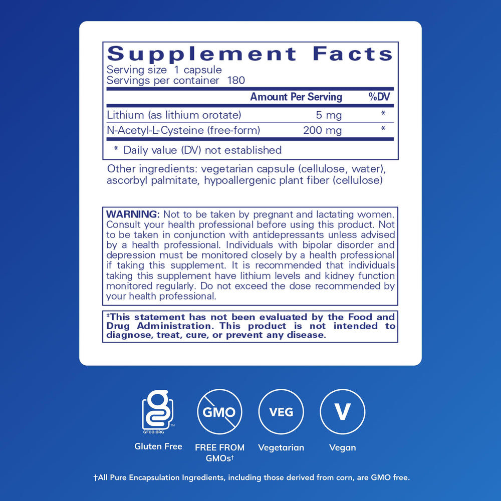 Pure Encapsulations Lithium Orotate capsules ready to take for memory support.