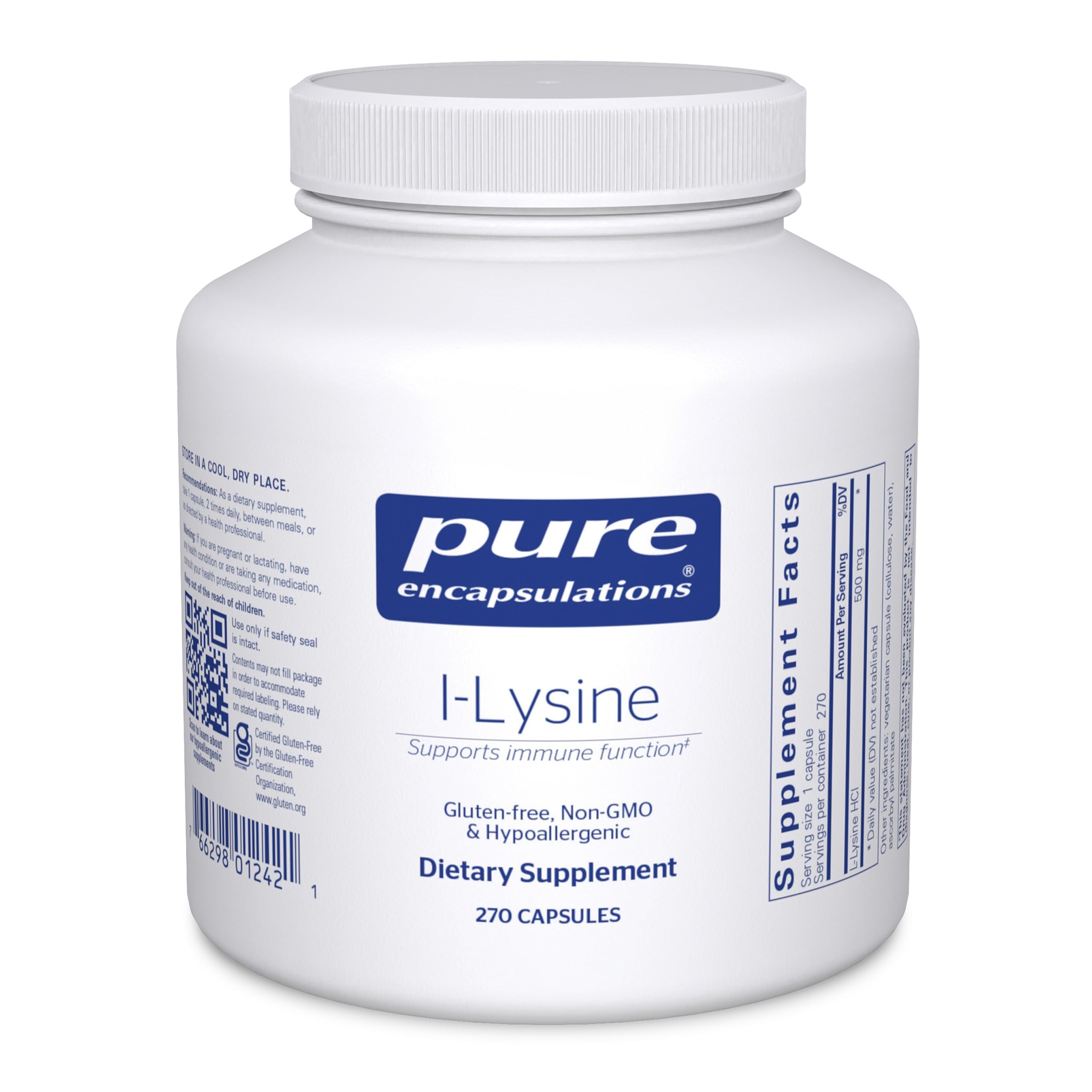 Pure Encapsulations L-Lysine bottle with capsules for daily immune support.