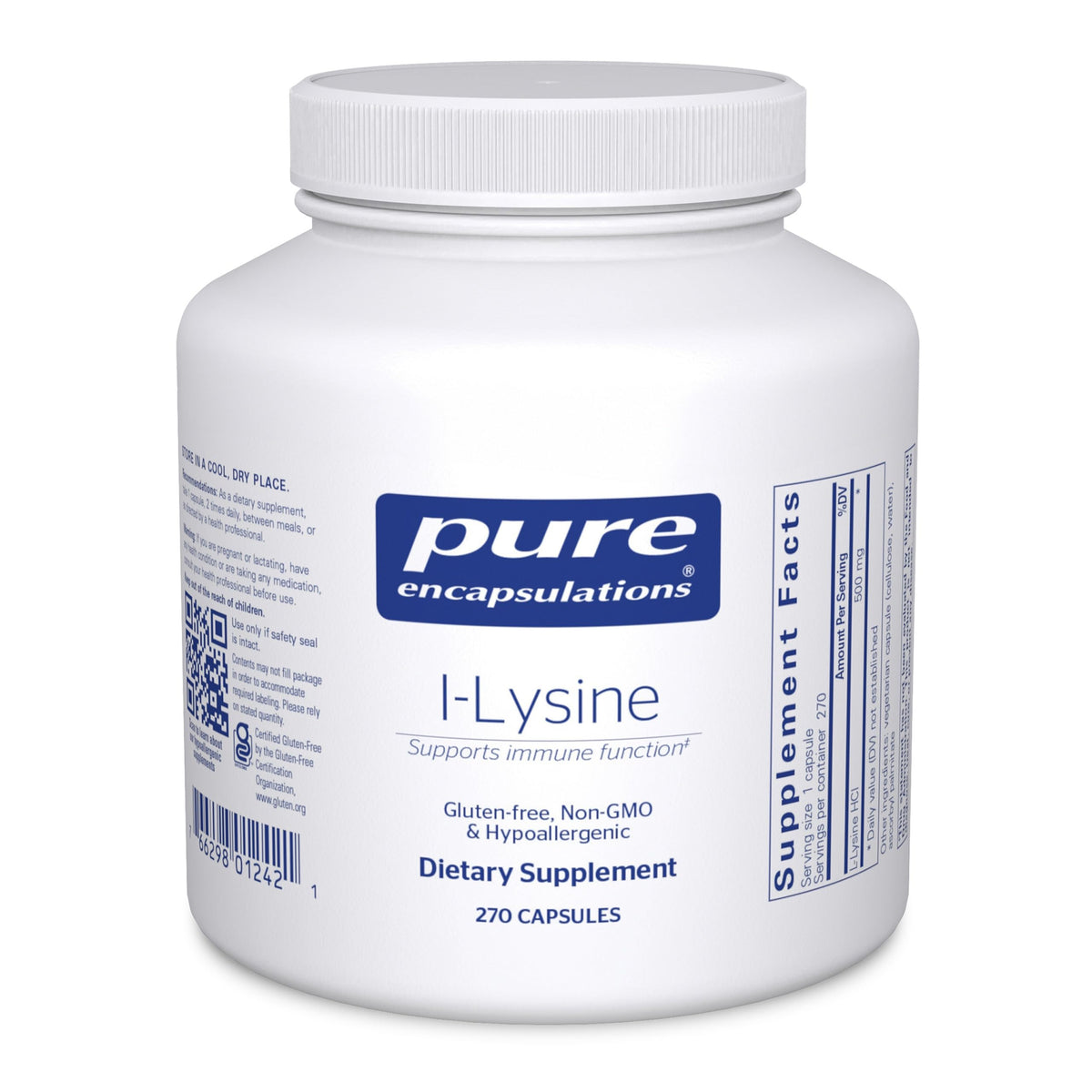 Pure Encapsulations L-Lysine bottle with capsules for daily immune support.