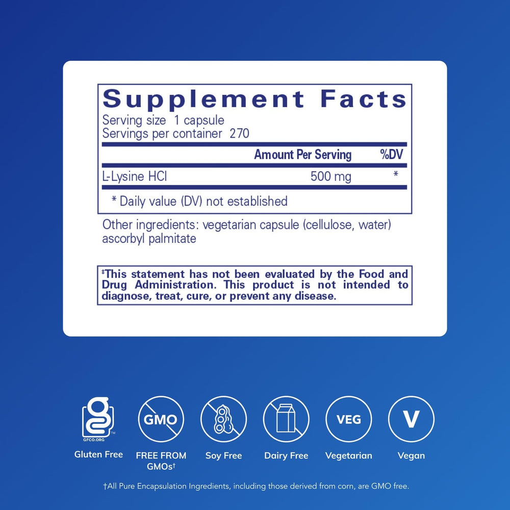 Pure Encapsulations L-Lysine capsules close-up showing easy-to-swallow form.