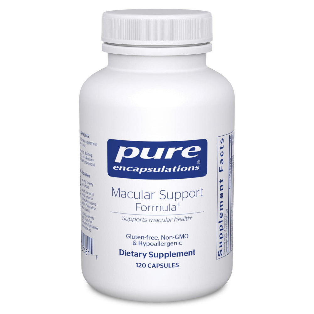 Pure Encapsulations Macular Support bottle shown for retinal wellness and daily use