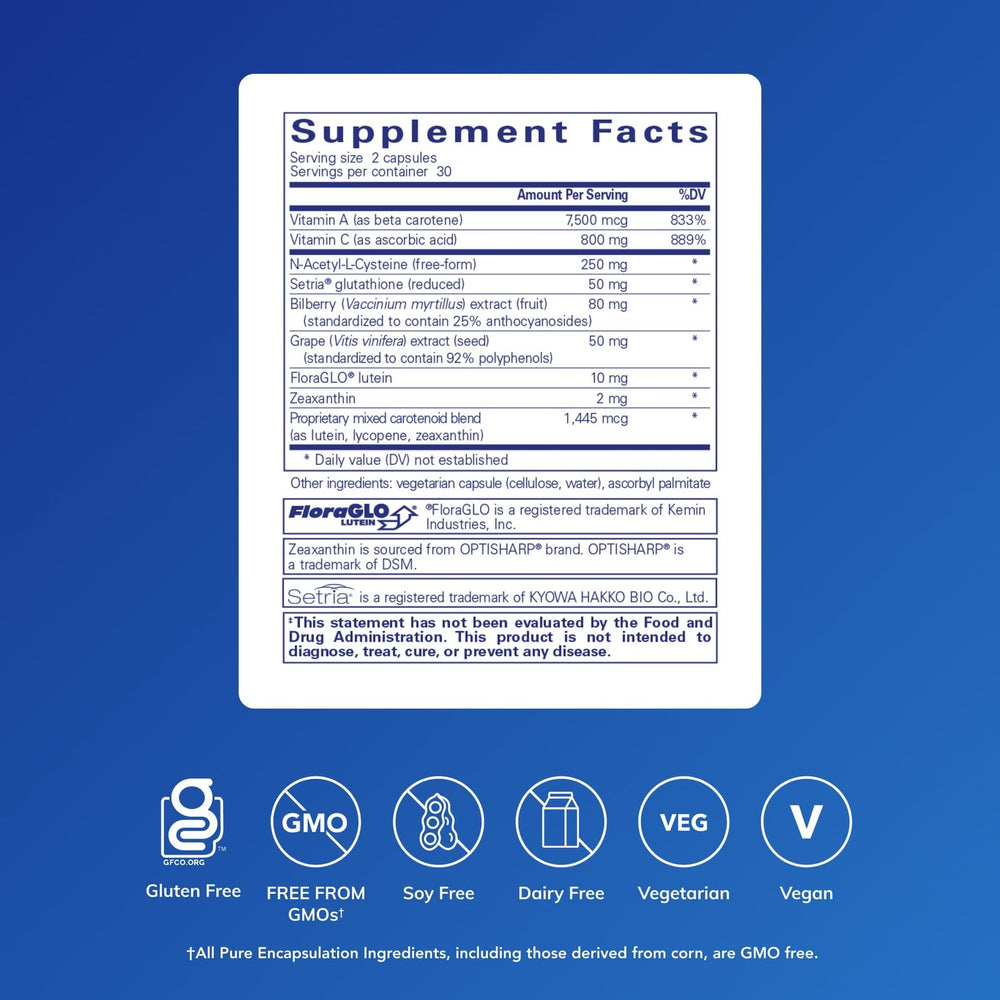 Pure Encapsulations Macular Support capsules close-up emphasizing hypoallergenic eye health.