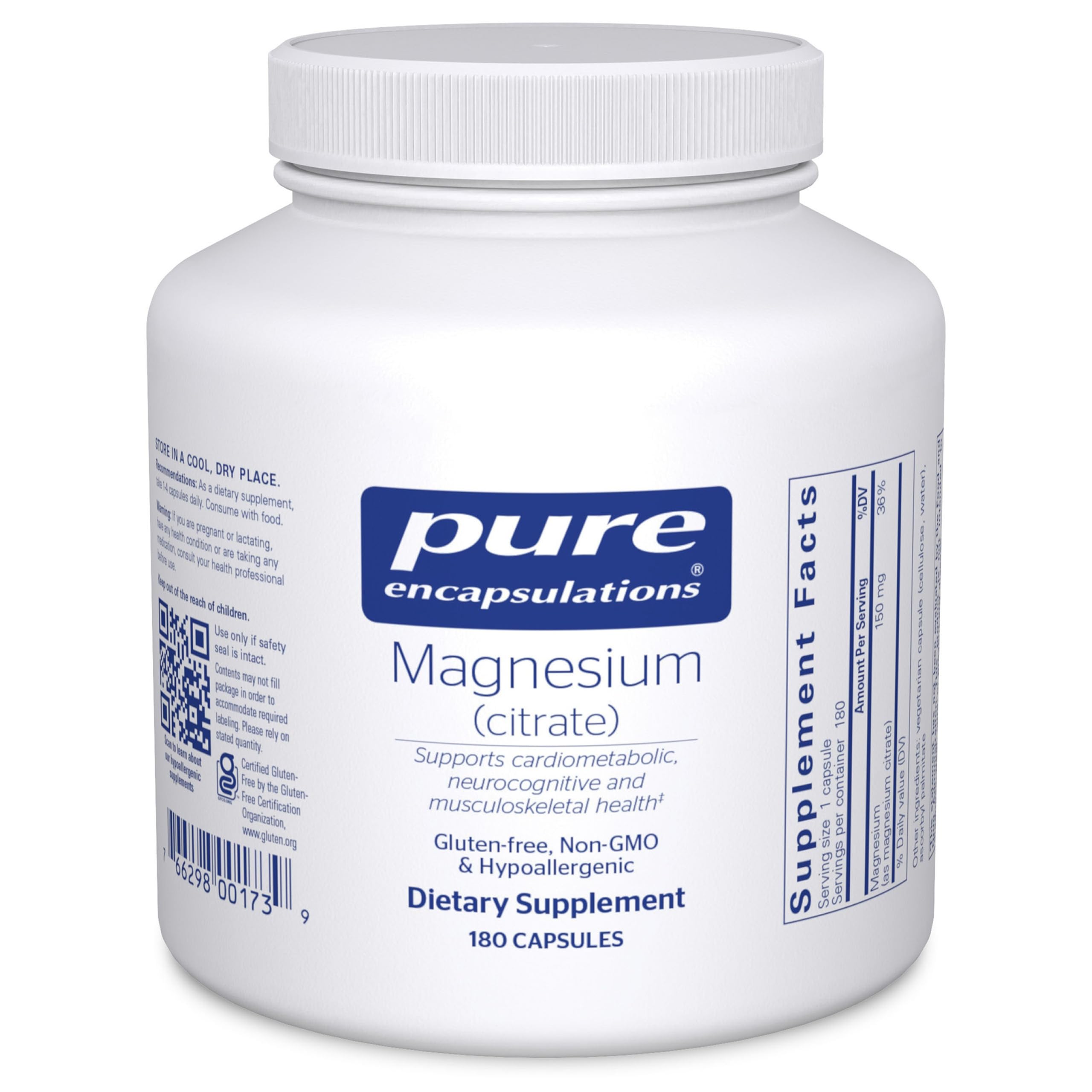 Pure Encapsulations Magnesium Citrate bottle showing premium sleep and muscle support benefits.