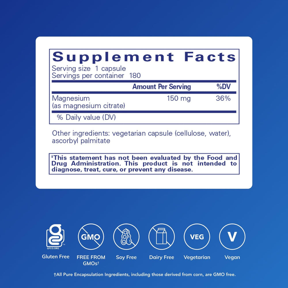 Pure Encapsulations Magnesium Citrate label close-up highlighting potency and allergen-free formula.