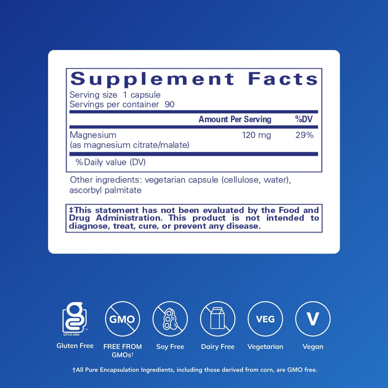 Pure Encapsulations magnesium citrate/malate label highlights high-purity formula for nutrient utilization.