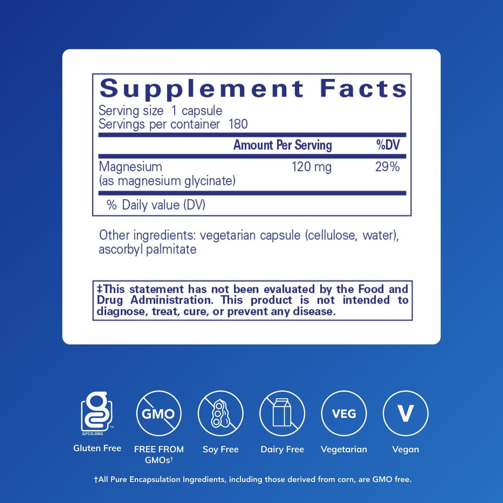 Pure Encapsulations Magnesium Glycinate bottle close-up for gentle absorption.