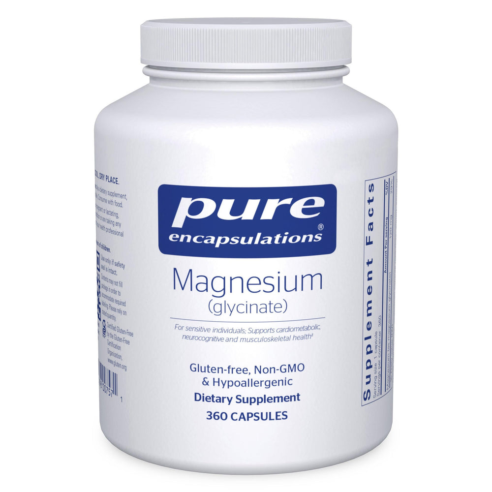 Pure Encapsulations Magnesium Glycinate bottle close-up, highlighting sleep support potential.