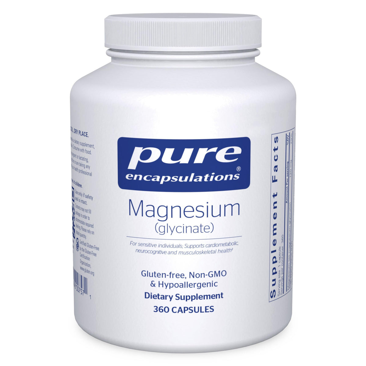 Pure Encapsulations Magnesium Glycinate bottle close-up, highlighting sleep support potential.