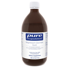 Pure Encapsulations Magnesium Glycinate Liquid bottle front with vegan and gluten-free badge.