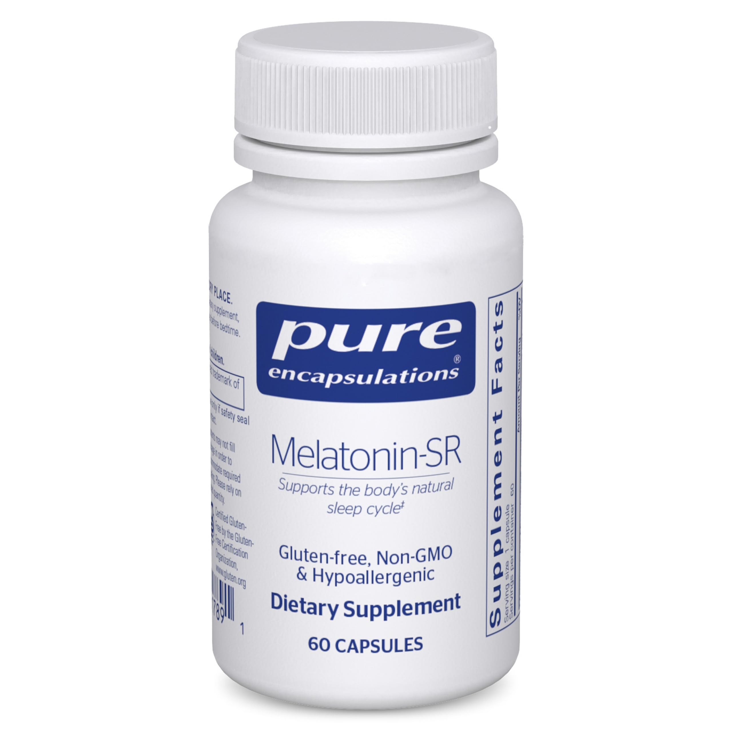 Pure Encapsulations Melatonin-SR bottle label highlighting extended-release sleep support.