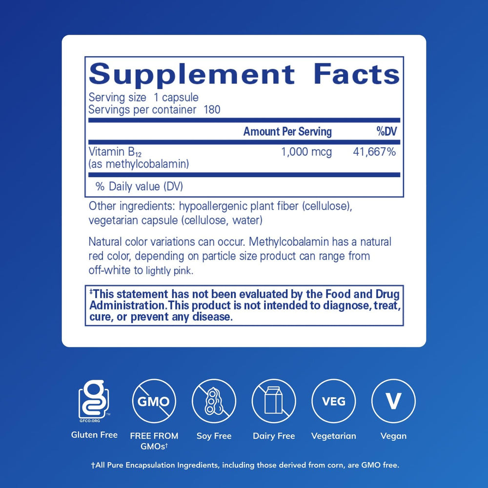 Pure Encapsulations Methylcobalamin capsules close-up highlighting high-potency B12