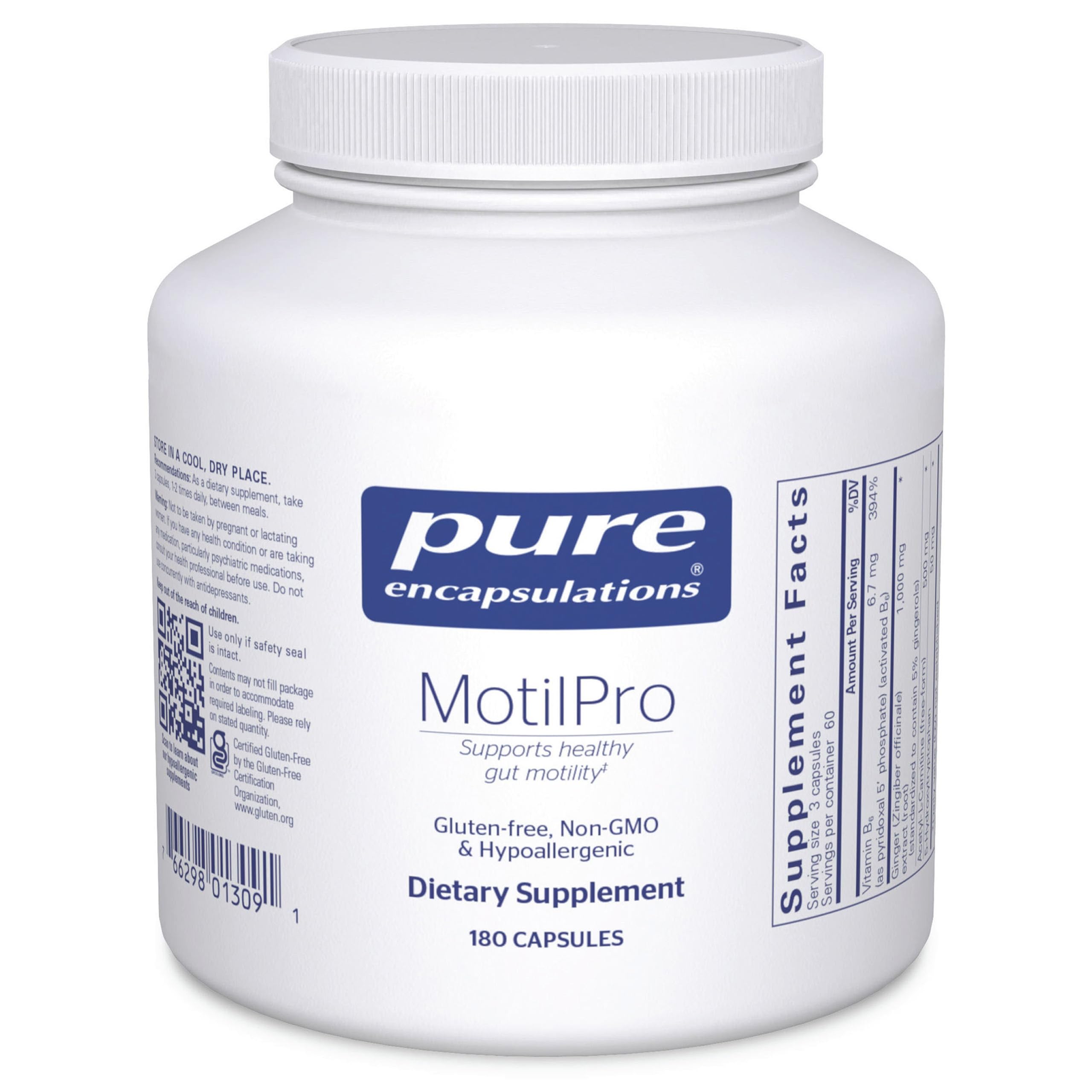 Pure Encapsulations MotilPro bottle closeup highlighting hypoallergenic formula for gut comfort