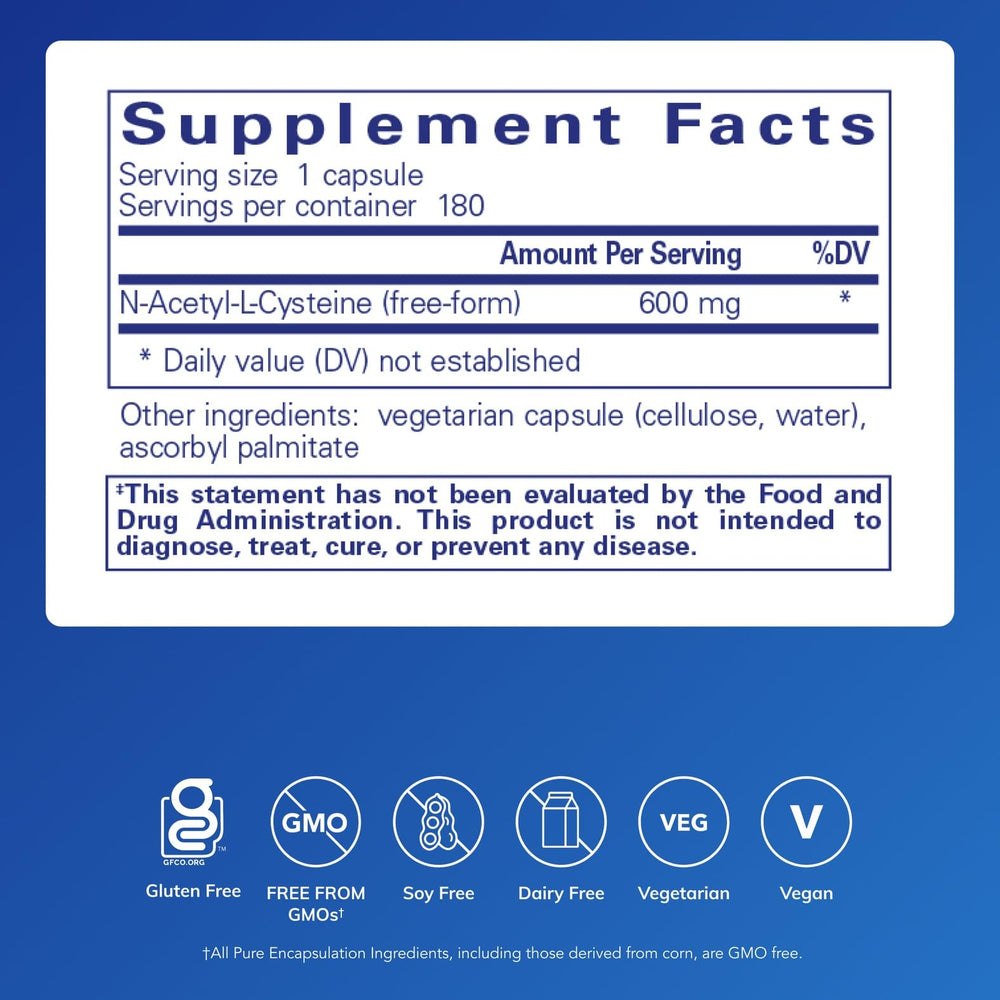 Pure Encapsulations NAC 600mg capsules closeup highlighting capsule quality for daily support.