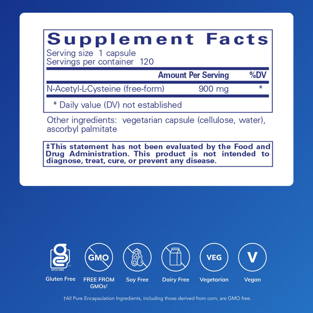 Pure Encapsulations NAC 900 mg bottle pour showing capsule intake for daily use