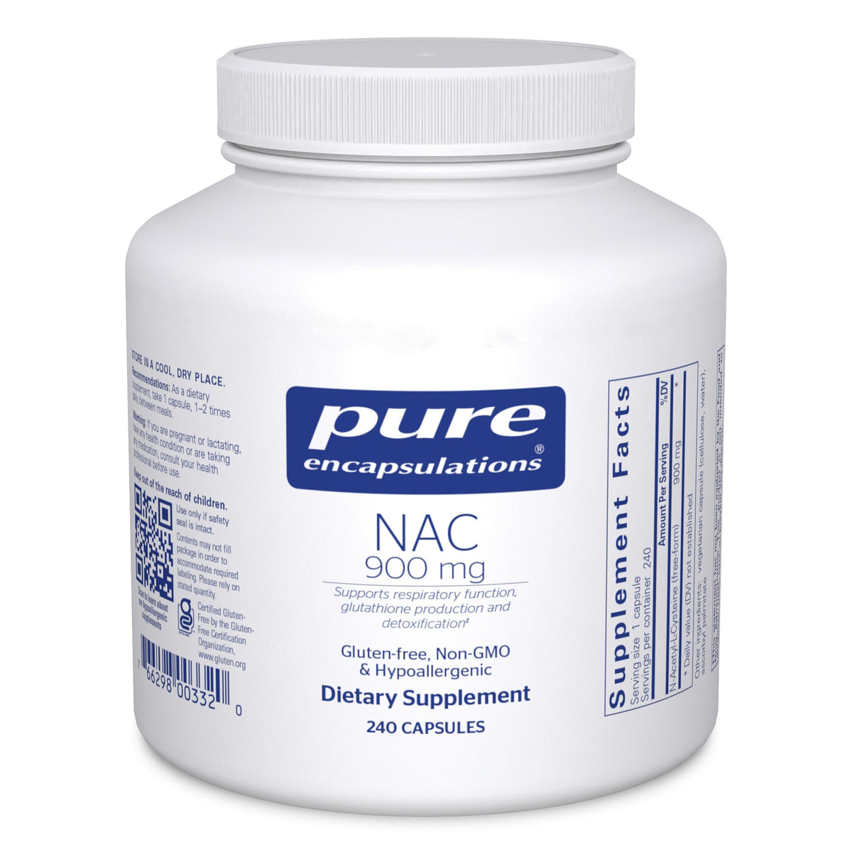 Pure Encapsulations NAC 900 mg bottle showing antioxidant support for lungs and immune health