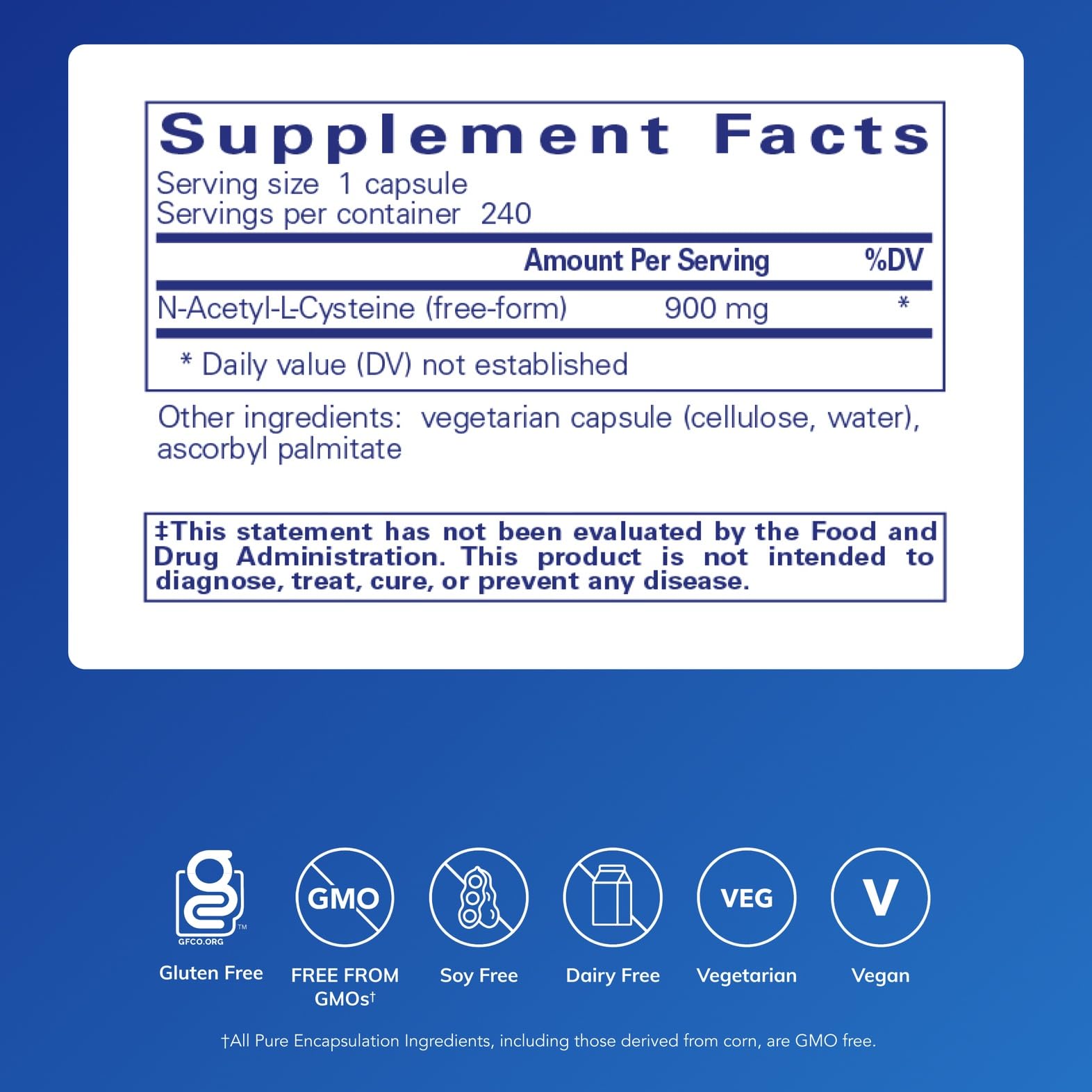NAC 900 mg label highlights pure ingredients and allergen-free formulation