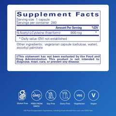 NAC 900 mg label highlights pure ingredients and allergen-free formulation