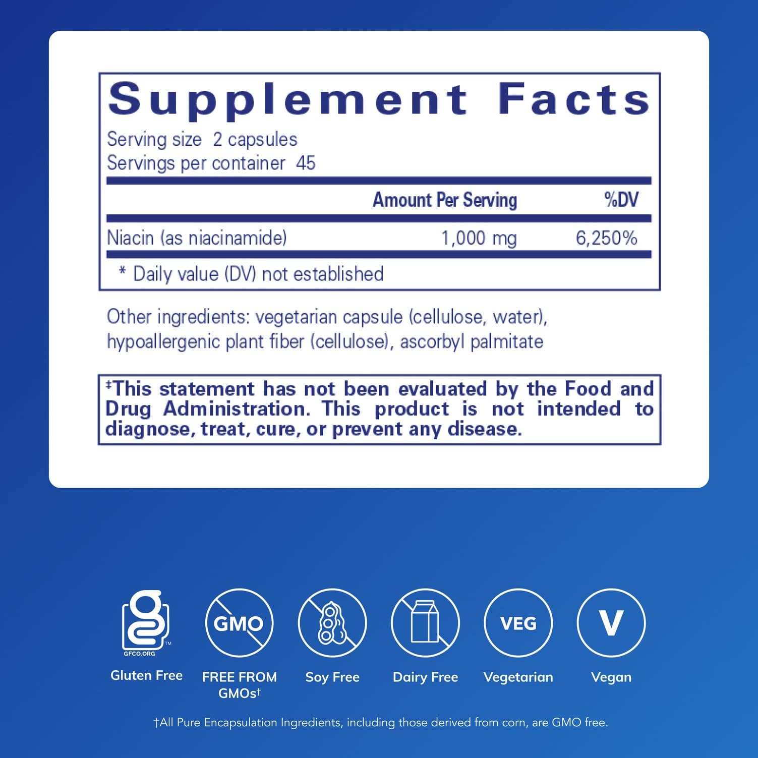Pure Encapsulations Niacinamide label detail highlights non-flush B3 features
