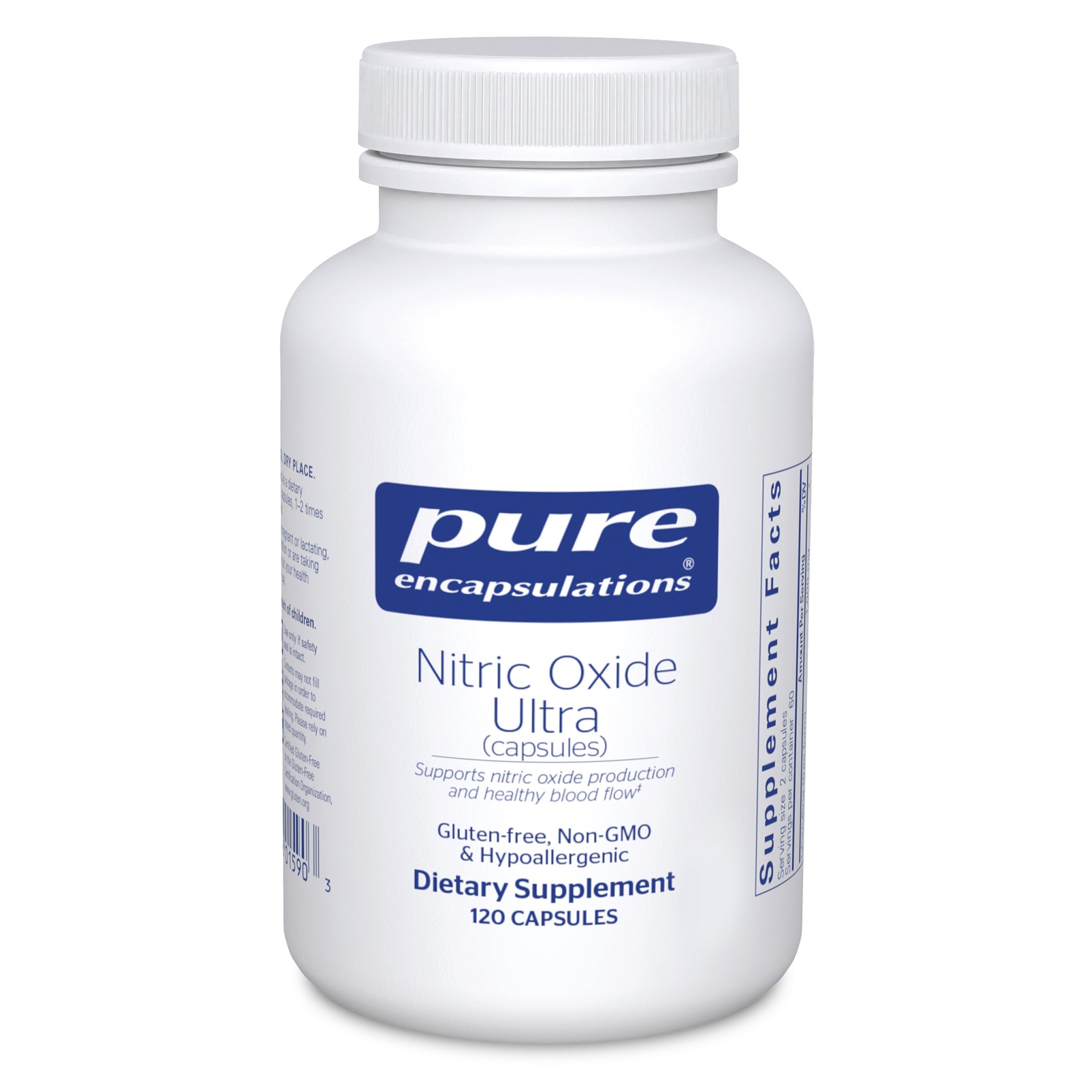 Pure Encapsulations Nitric Oxide Ultra bottle front view for balanced blood flow support.