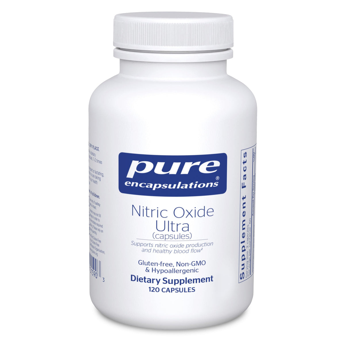 Pure Encapsulations Nitric Oxide Ultra bottle front view for balanced blood flow support.