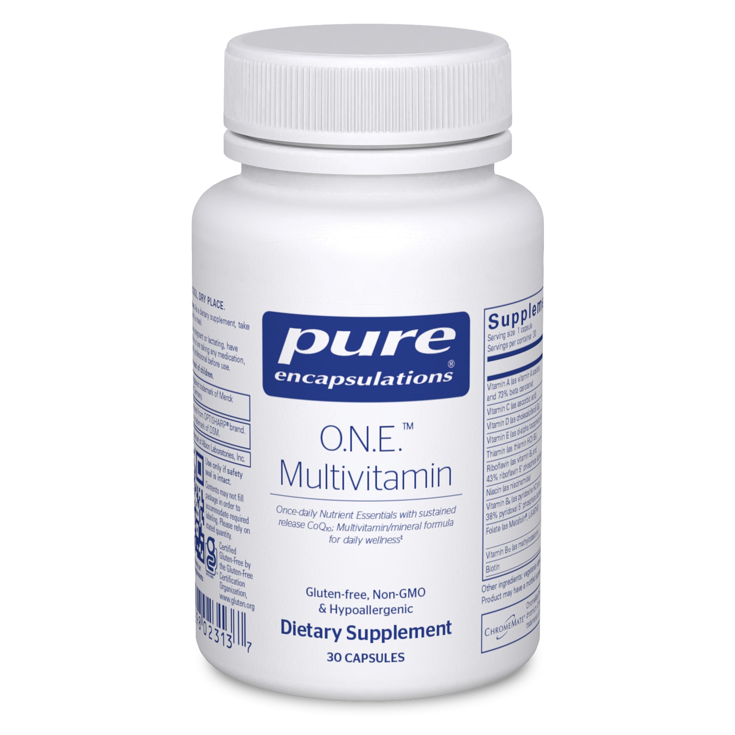 Pure Encapsulations O.N.E. multivitamin bottle front shows all-in-one daily formula for wellness.