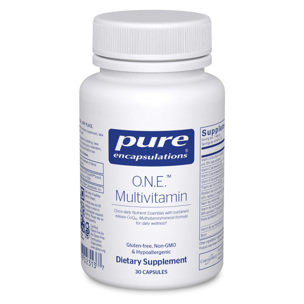 Pure Encapsulations O.N.E. multivitamin bottle front shows all-in-one daily formula for wellness.