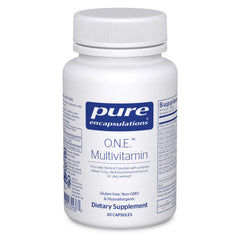 Pure Encapsulations O.N.E. multivitamin bottle front shows all-in-one daily formula for wellness.