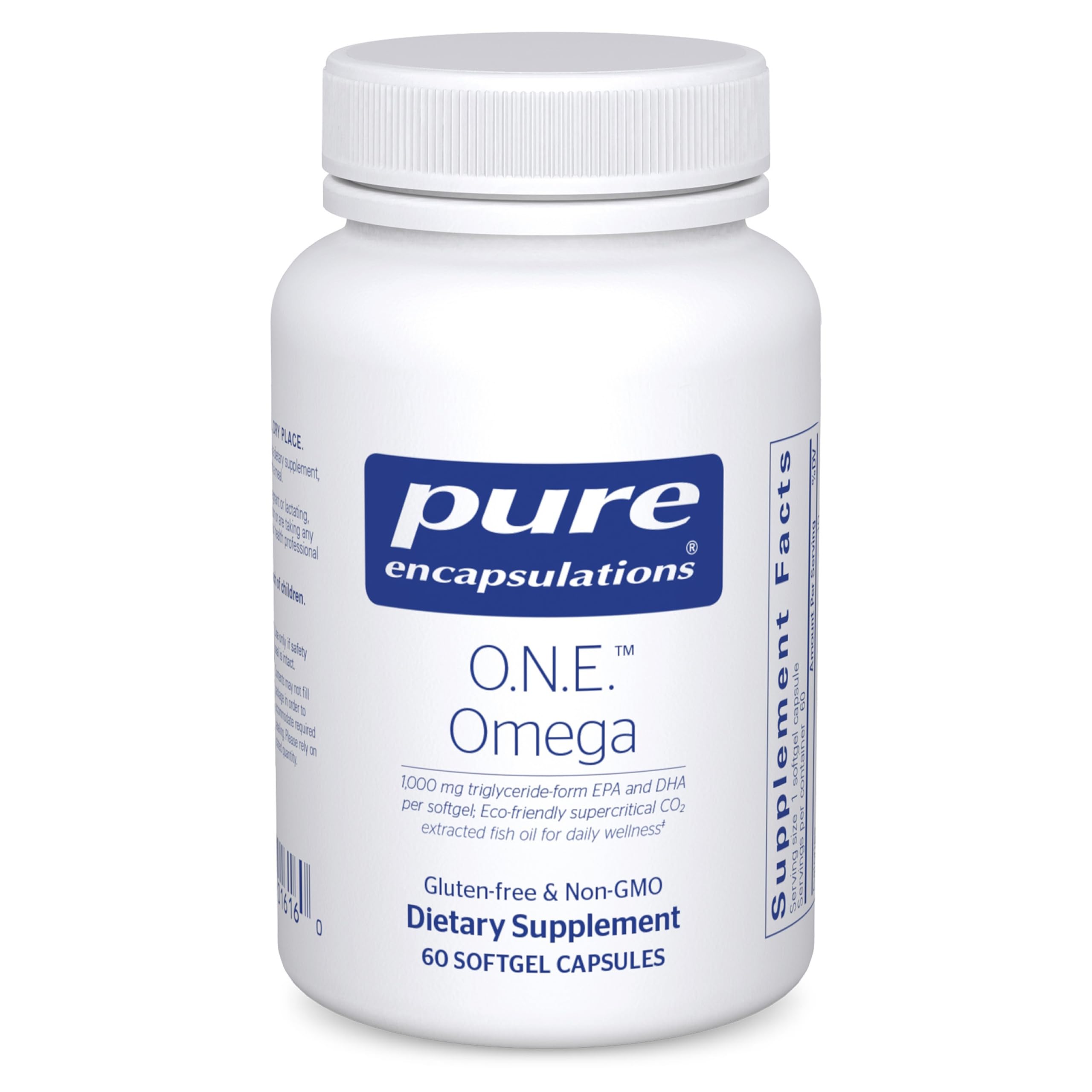 Pure Encapsulations O.N.E. Omega bottle front shows concentrated EPA/DHA for daily support.
