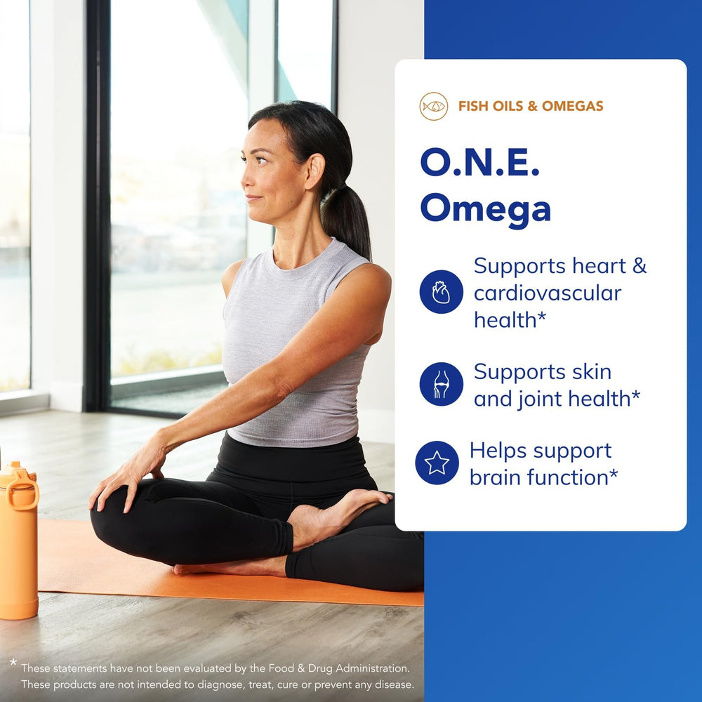 Pure Encapsulations O.N.E. Omega softgels closeup shows easy-to-swallow capsules.