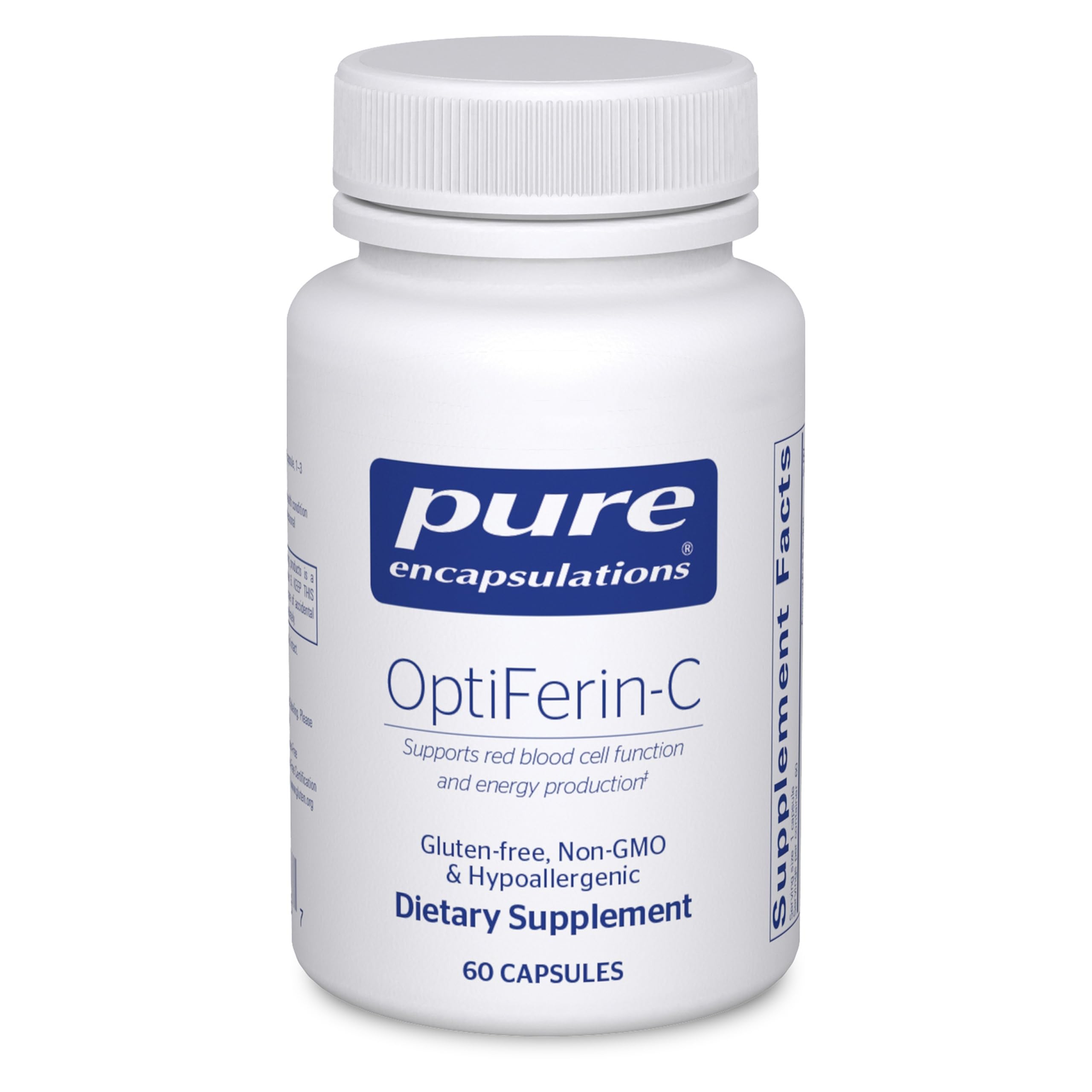 Pure Encapsulations OptiFerin-C bottle label highlights iron support and vegan vitamin C.