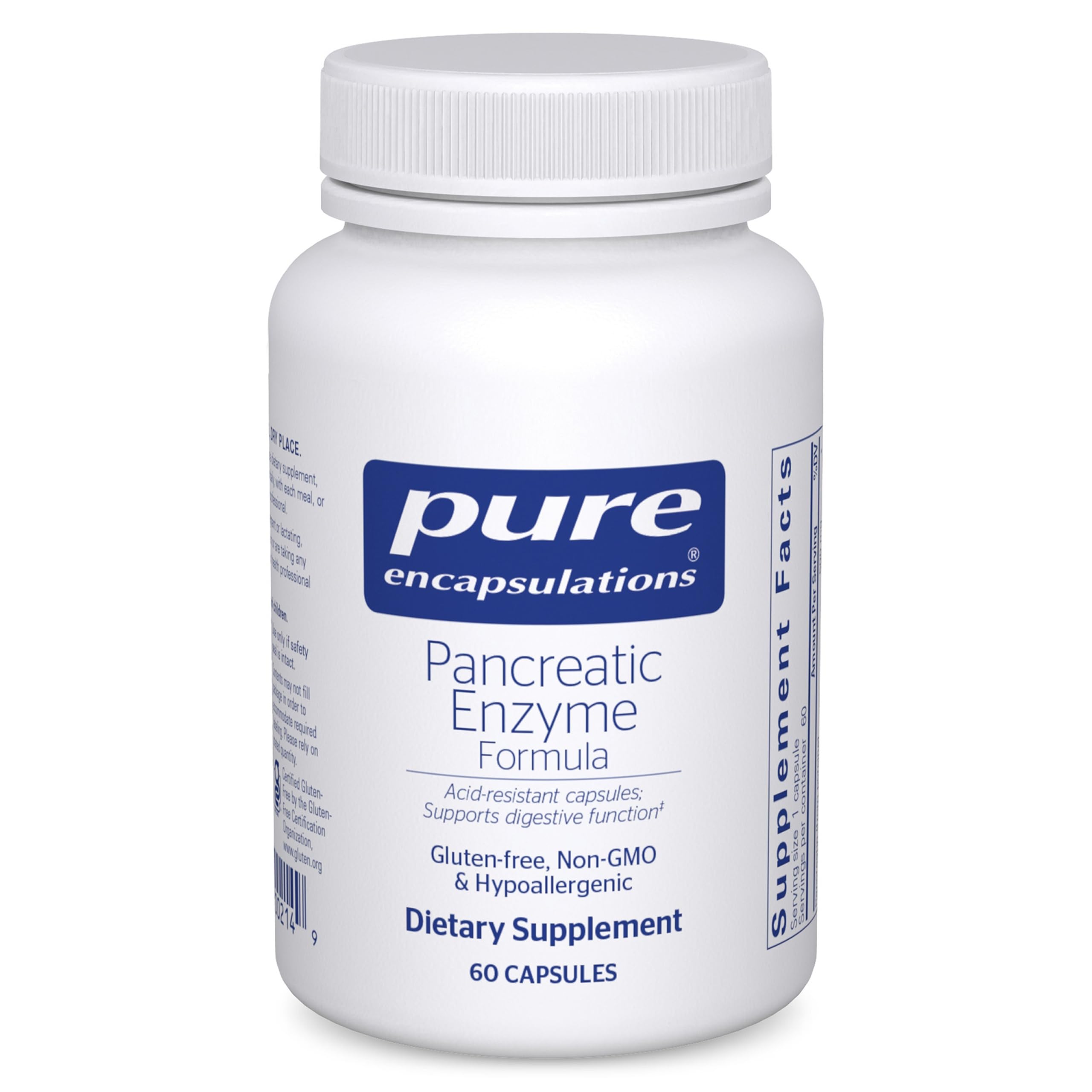 Pure Encapsulations Pancreatic Enzyme Formula bottle supports meals digestion and gut comfort.