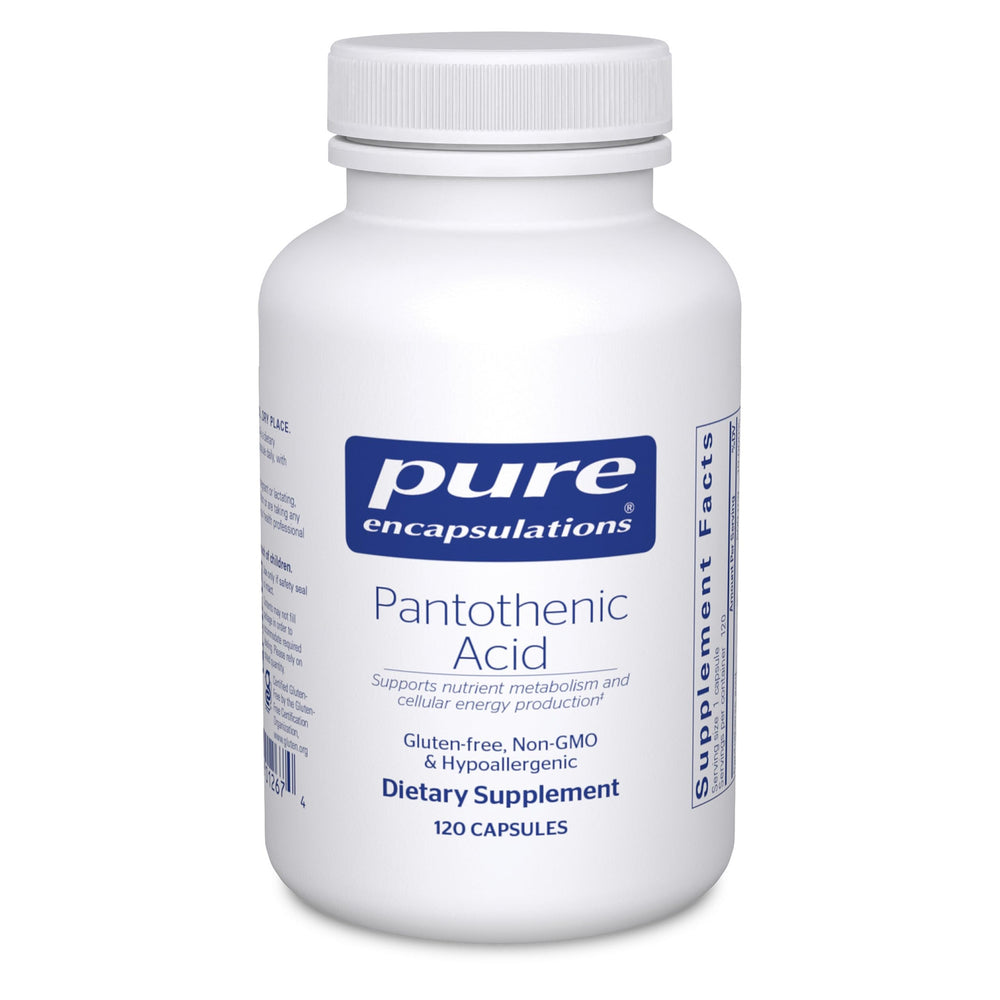 Pure Encapsulations Pantothenic Acid bottle pour showing energy metabolism support.