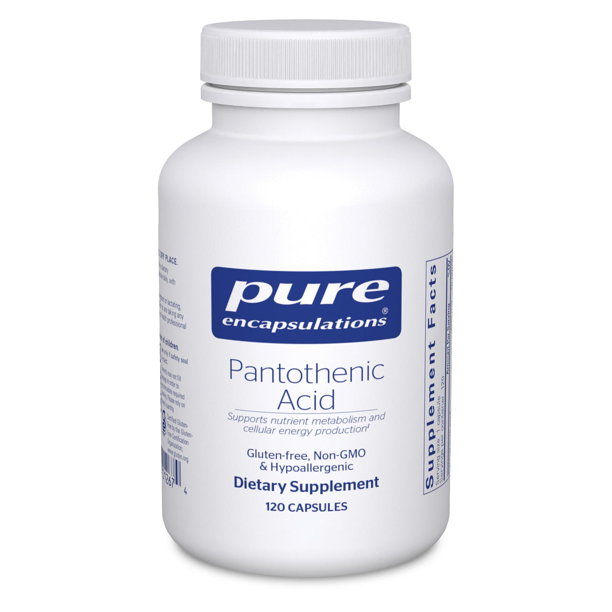 Pure Encapsulations Pantothenic Acid bottle pour showing energy metabolism support.