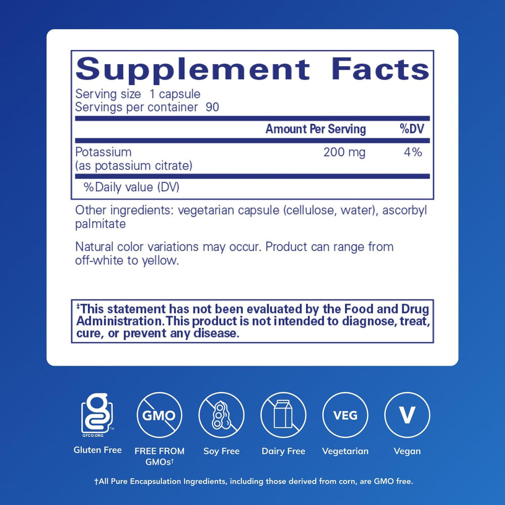 Pure Encapsulations Potassium Citrate bottle label highlights purity and allergen-free formula
