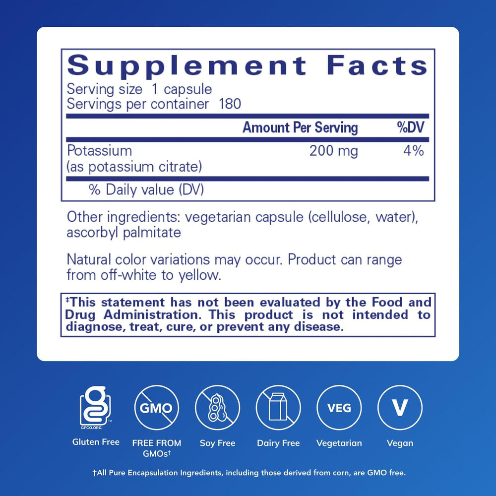 Pure Encapsulations Potassium-Citrate capsules in focus for nerve and muscle function support