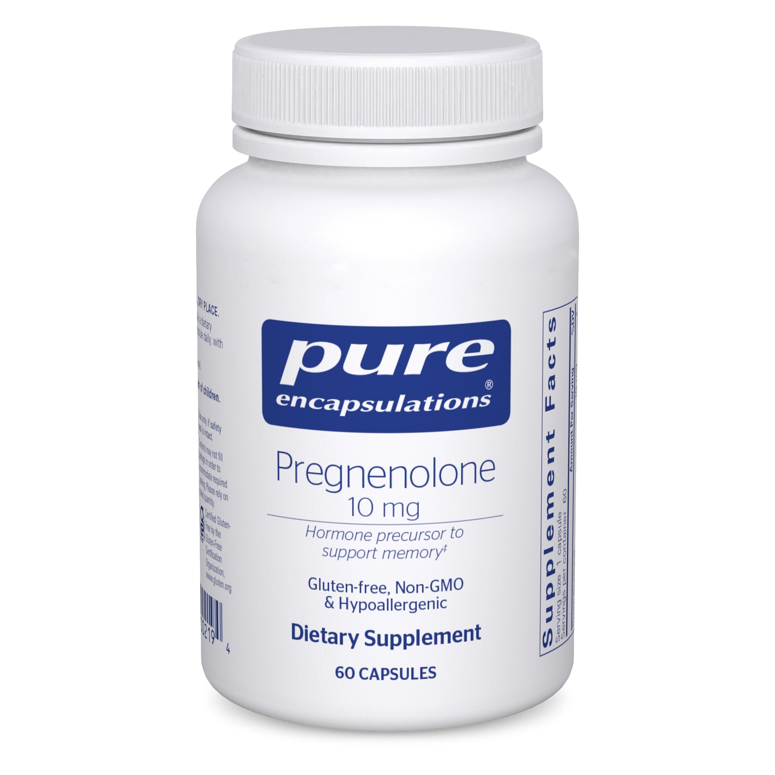 Pure Encapsulations Pregnenolone 10 mg bottle front promotes daily memory support routine.